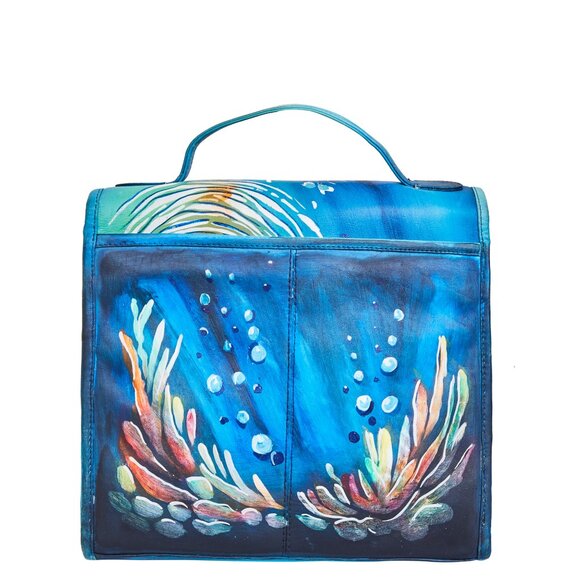 Leather Hand Painted Top Handle Handbag Purse With Turtle Artwork, Crossbody Bag - Picture 4 of 9